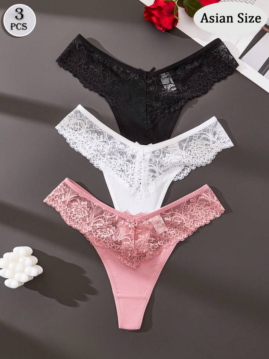 3pcs/Set Romantic Sexy Lace Women's Thong Panties With Bow And Criss-Cross Strap Design - Multicolor - View 1