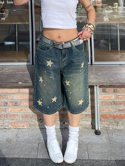 Shorts vaqueros de verano estilo Y2K para volver al colegio, nuevos, lavados, con patrón de estrella vintage, bolsillos en diagonal, efecto de bigotes de gato, pierna ancha, cómodos para uso diario, casual, viajes y actividades al aire libre, bermudas vaqueras para mujer
