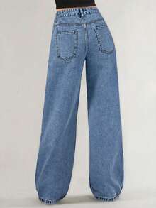 Women's Pocket Loose Wide Leg Casual Versatile Jeans Spring - Medium Wash - View 4