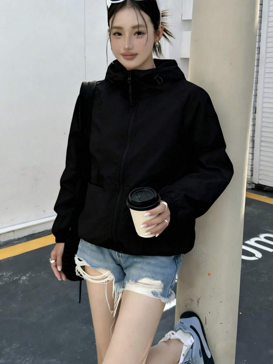 女士户外夹克,简约黑色,时尚百搭,带帽拉链,休闲日常穿着,户外健身多风格搭配 - 黑色 - 查看 1
