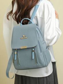 Light Blue Fresh Backpack | Double Zipper Front Pocket Interprets The School Commuting Aesthetics With A Flip Top And Gold Logo The Front Pocket With Double Z Allows Quick Access To Small Items Such As Mobile Phones, Cards, Stationery, Etc. - Blue - View 2