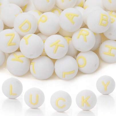 10/26颗白色底黄色字母圆形硅胶字母珠 - DIY个性化珠宝制作套装，工艺用品，适用于制作姓名手链、钥匙扣、吊坠、证件挂绳和珍珠笔