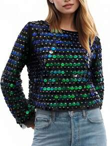 Women Y2K Stylish Vintage Disco Sequined Long Flared Sleeve Tops Sheer Mesh Bell Sleeve Shirt Blouse Glitter Sparkly Mesh Crop Top Party Club Streewear - Màu xanh lá cây đậm - Xem 1