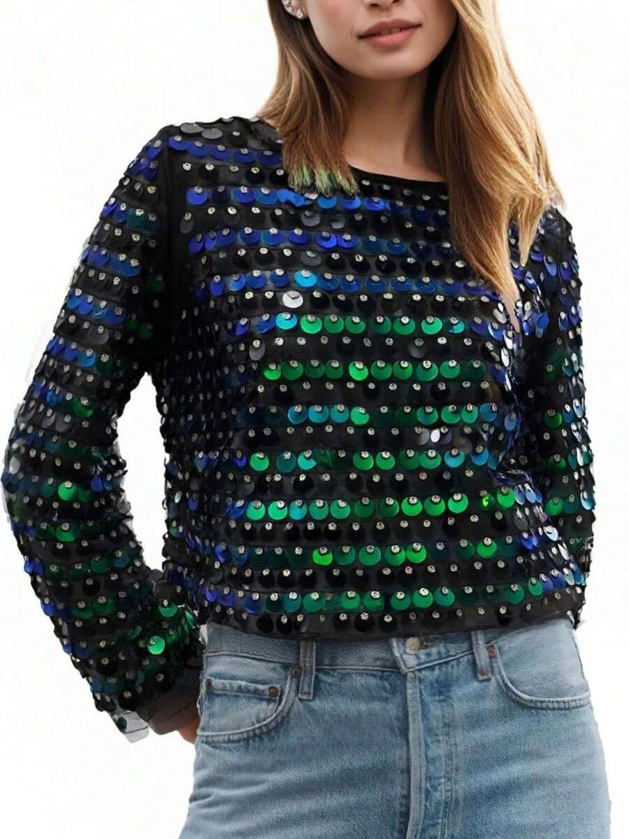 Women Y2K Stylish Vintage Disco Sequined Long Flared Sleeve Tops Sheer Mesh Bell Sleeve Shirt Blouse Glitter Sparkly Mesh Crop Top Party Club Streewear - Màu xanh lá cây đậm - Xem 1