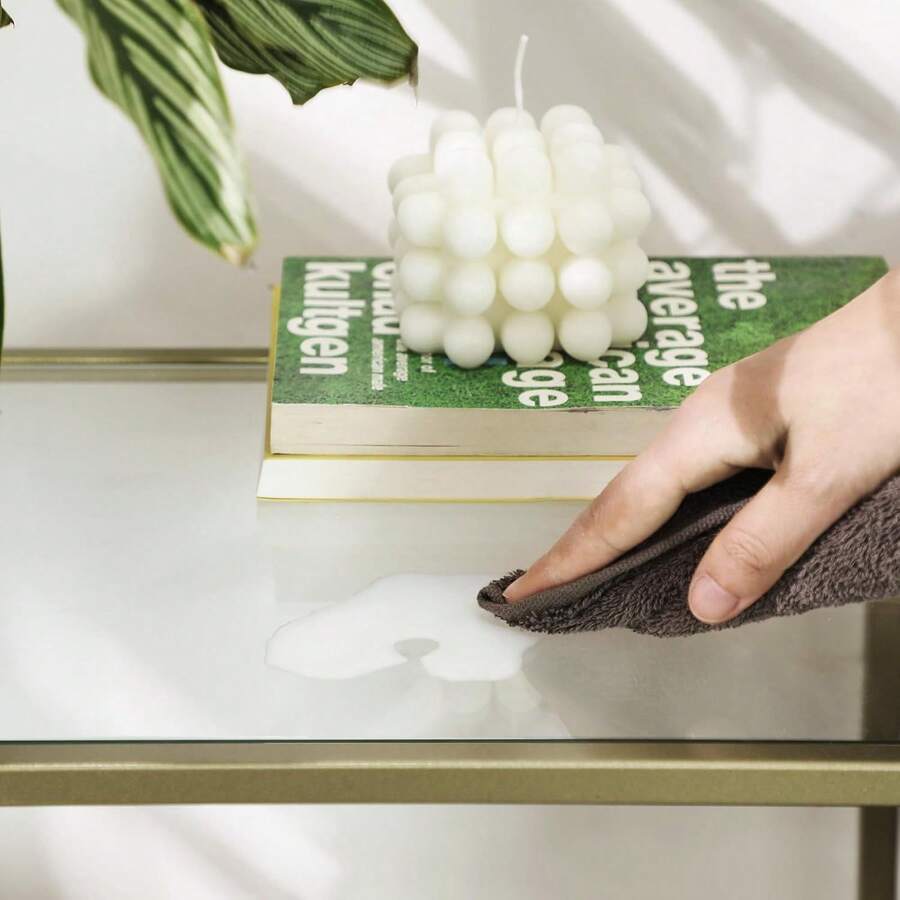 VASAGLE Mesa de Consola, Mesa de Entrada, Extremo del Sofá, Tablero de Vidrio Templado, Marco de Metal, Resistente, Patas Ajustables, para Salón, Entrada, Pasillo, Dorado y Transparente MLGT26G - Oro - Ver 1