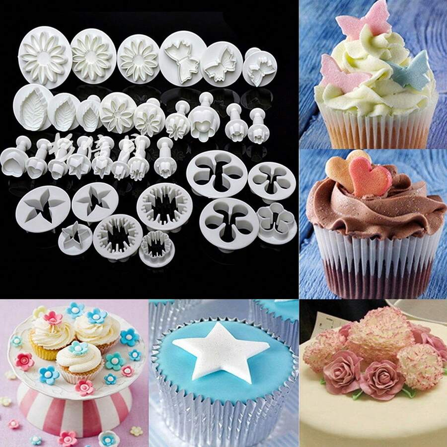 33Pcs Fondant Cake Cookie Plunger Cutter Fondant Cake Cutter Mold Sugar Craft Flower Leaf Butterfly Heart Shape Decorating Mold DIY Tools - White - View 1