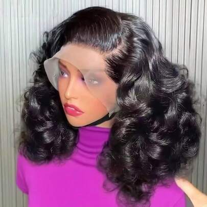 180% 密度短款波浪蓬松卷发 13x4 透明蕾丝前假发，水波纹蓬松假发，真人发假发，女士短发