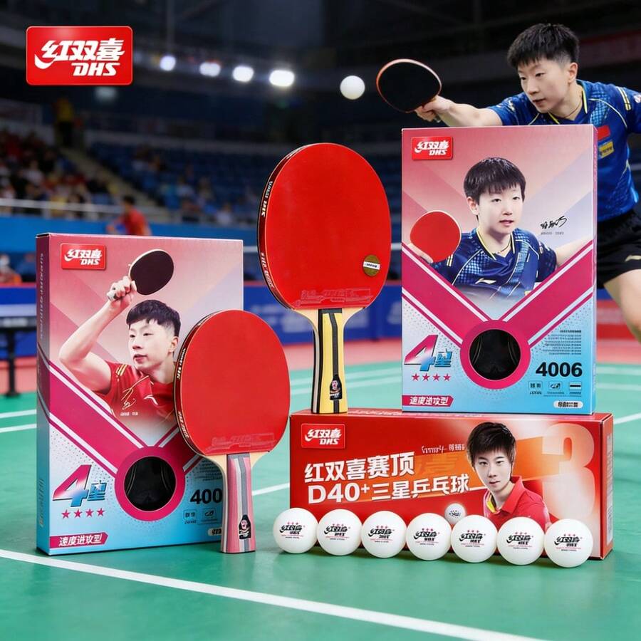 11pcs Red Double Happiness 4-Star Table Tennis Racket + 10pcs 3-Star Table Tennis Ball Set, Suitable For Forehand And Backhand, Entry-Level Training And Competition