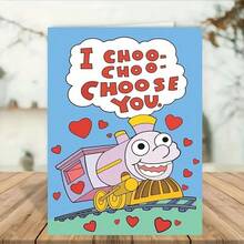 1/2 Piece Valentine's Day Train Theme Greeting Card - "I Choo Choo Choose You" - Love & Romantic Card, Suitable For Birthday, Anniversary, Unisex, Premium Paper, Easy To Write - Blue - View 1