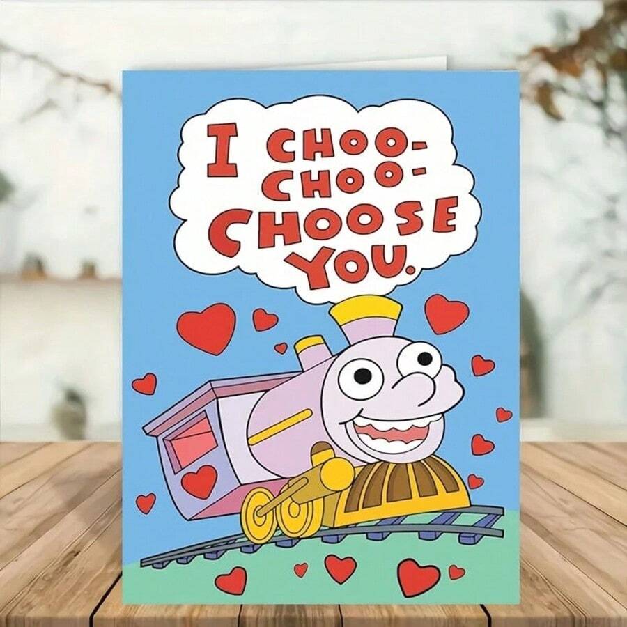 1/2 Piece Valentine's Day Train Theme Greeting Card - "I Choo Choo Choose You" - Love & Romantic Card, Suitable For Birthday, Anniversary, Unisex, Premium Paper, Easy To Write - Blue - View 1