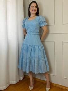 Women's 3-Marias Midi Dress In Elegant Cotton Lace With Belt And Ruffled Hem - Casual Fashion - For Dating Or Weddings - 淺藍色 - 查看 1