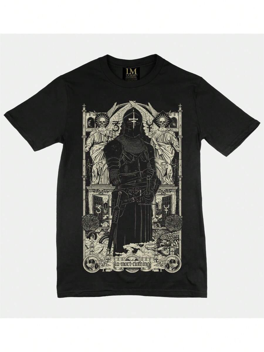 Men's Gothic Medieval Knight & Castle Print T-Shirt - 100% Cotton Beige & Black Knight Templar Design With Latin Inscriptions, All-Season Casual Tee For Renaissance Fairs, Medieval-Themed Events & Casual Attire, Machine Washable Knight On - 黑色 - 查看 1