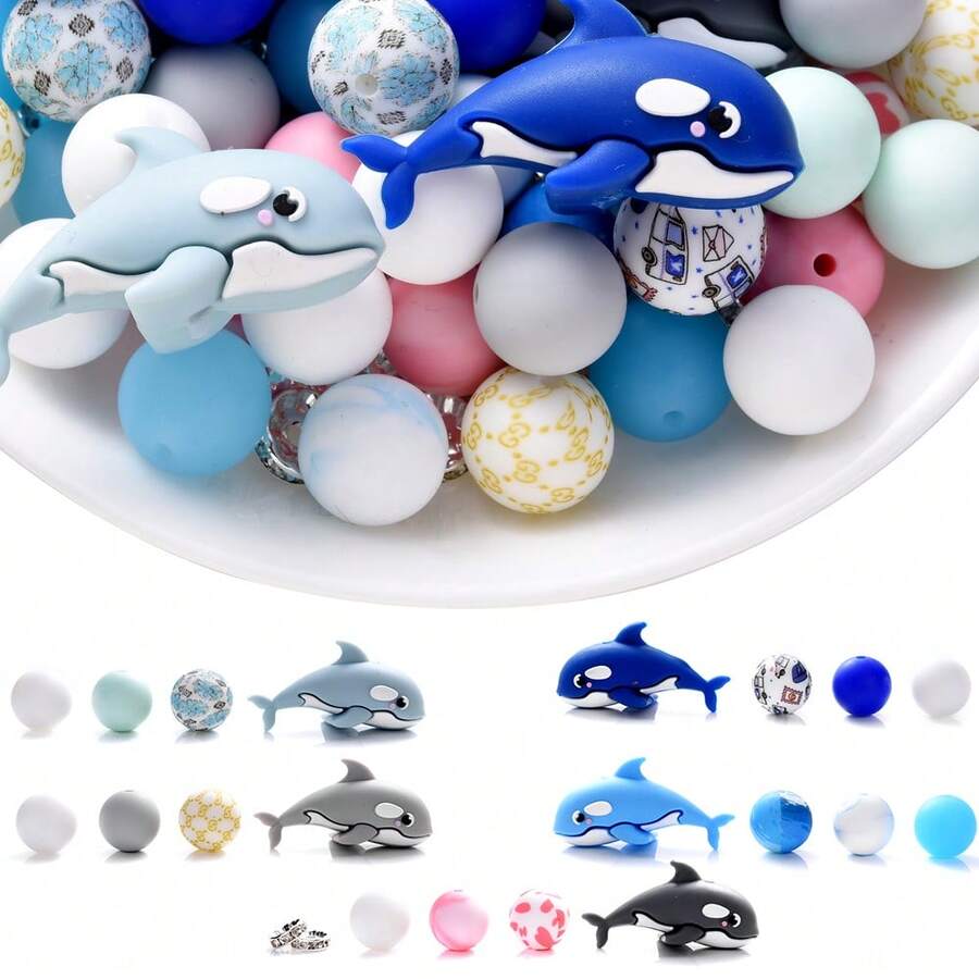 28pcs/Set Silicone Animal Beads Set, Ocean Blue Dolphin Beads With 15mm Printed Round Beads And Glass Rhinestone Spacer Beads, Best Gift For Family Gathering, DIY Jewelry Making Supplies, Pen, Bracelet, Necklace - Multicolor - View 1