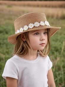 1顶女童3-6岁防晒平沿雏菊蕾丝草帽，春夏两季日常旅行皆宜 - 1PC - 查看 5