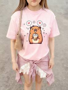 1pc Girls Casual Heart Hamster Print Round Neck Short Sleeve T-Shirt, Summer Student Young Children Clothing - The T-Shirt With Cute Hamster And Heart Print Will Bring Joy And Happiness To Every Child! - Pink - View 2
