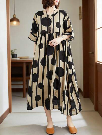 女士休闲舒适波点印花梭织连衣裙，优雅阿拉伯风格圆领短袖，适合度假和日常穿着，春夏款