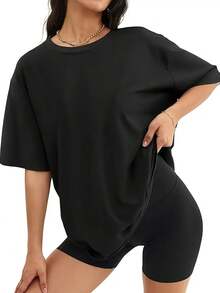 Damen Sommer/Herbst T-Shirt aus reiner Baumwolle, Streetstyle Grafik, lässig sportlich, lockere Passform, große Größen - Schwarz - Übersicht 6