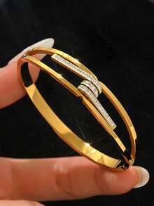 3pcs/1pc Fashion 18K Gold Plated Stainless Steel Four-Leaf Clover Nail Bracelet, Suitable For Women's Party, Daily Wear, European And American Style, Personalized, Generous, Luxury Cubic Zirconia Wristband, Wedding Jewelry Set - Yellow Gold - View 6