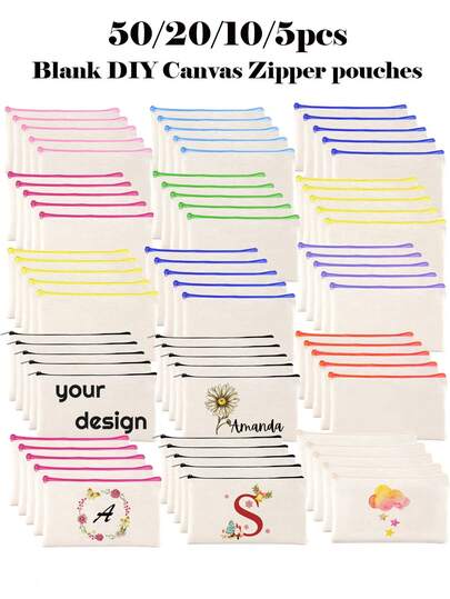 5/10/20/50pcs Blank Canvas Zipper Bags, Multi-Color Makeup Canvas Bags, Simple Tassel Zipper Bags, Blank Pencil Cases, Suitable For School, Travel, DIY Accessories Storage, Festival & Festival Gift Packaging Bags, Stationery