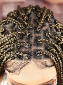 32 Inches Full Double Lace Front Square Knotless Box Braided Wigs With Boho Curls Ends Black Mix Brown Box Braids Wig With Baby Hair For American Women Synthetic Lace Frontal Braid Wigs Daily Used Christmas , New Year, Carnival, Music Festival