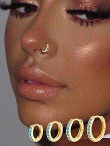 1 قطعة خاتم أنف من الفضة الإسترليني عيار 925 مرصع بزركونيا زرقاء، خاتم أنف حلقي مطلي بالذهب عيار 14 قيراط، مناسب للنساء والفتيات لتناسب الملابس - ذهبي - مشاهدة 1