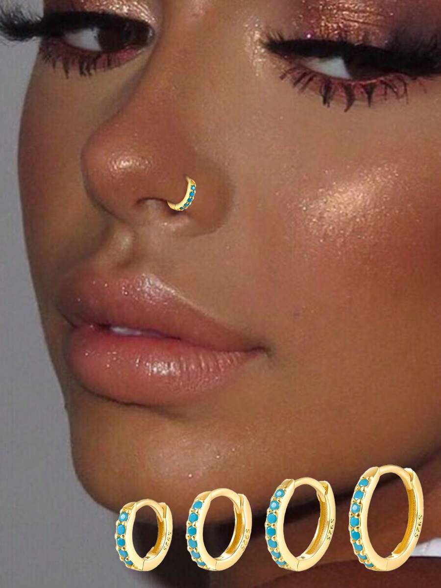 1 قطعة خاتم أنف من الفضة الإسترليني عيار 925 مرصع بزركونيا زرقاء، خاتم أنف حلقي مطلي بالذهب عيار 14 قيراط، مناسب للنساء والفتيات لتناسب الملابس - ذهبي - مشاهدة 1