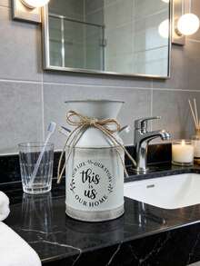 Distressed White Metal Decorated Milk Can Vase, Vintage Iron & Jute Rope Tie, Printed "This Is Us" Warm Slogan, Relaxed Atmosphere. Can Be Used As A Flower Vase For Dried Flowers Or A Storage Jar, Suitable For Nordic, Minimalist Style Desktops, Entryways, Home Decor - Gentle Yet Practical. - Level 4 Double-eared Pot 2 - View 11