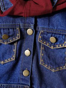 3pcs/Set, Girls Fashionable Casual Embroidered Denim Jacket + Solid Color Skirt + Matching Shawl - Burgundy - View 6