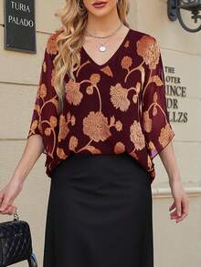 CheersLife Women's Ruffled V-Neck Double Layer Mesh Loose Flowy Belted Blouse With 3/4 Sleeves - Burgundy - View 3