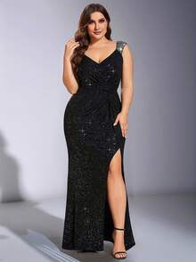 EVERPRETTY 闪亮吊带高开衩晚礼服，黑色正式礼服，适合舞会、盛会、婚礼宾客、度假及其他场合的春季派对。 - 黑色 - 查看 10
