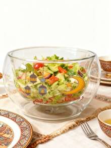 1pc Double-Layer Glass Salad Bowl With Elegant Ramadan Design, Heat-Resistant, Suitable For Salads And Desserts. Unique Ramadan Item And Holiday Gift. - Multicolor - View 2