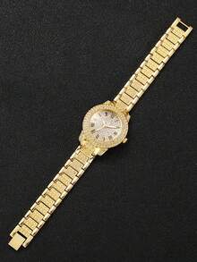 Set de 2 piezas: Reloj de cuarzo con incrustaciones de strass de aleación dorada y pulsera de cadena cubana, set de reloj para regalo de fiesta/cumpleaños - Dorado - Ver 5