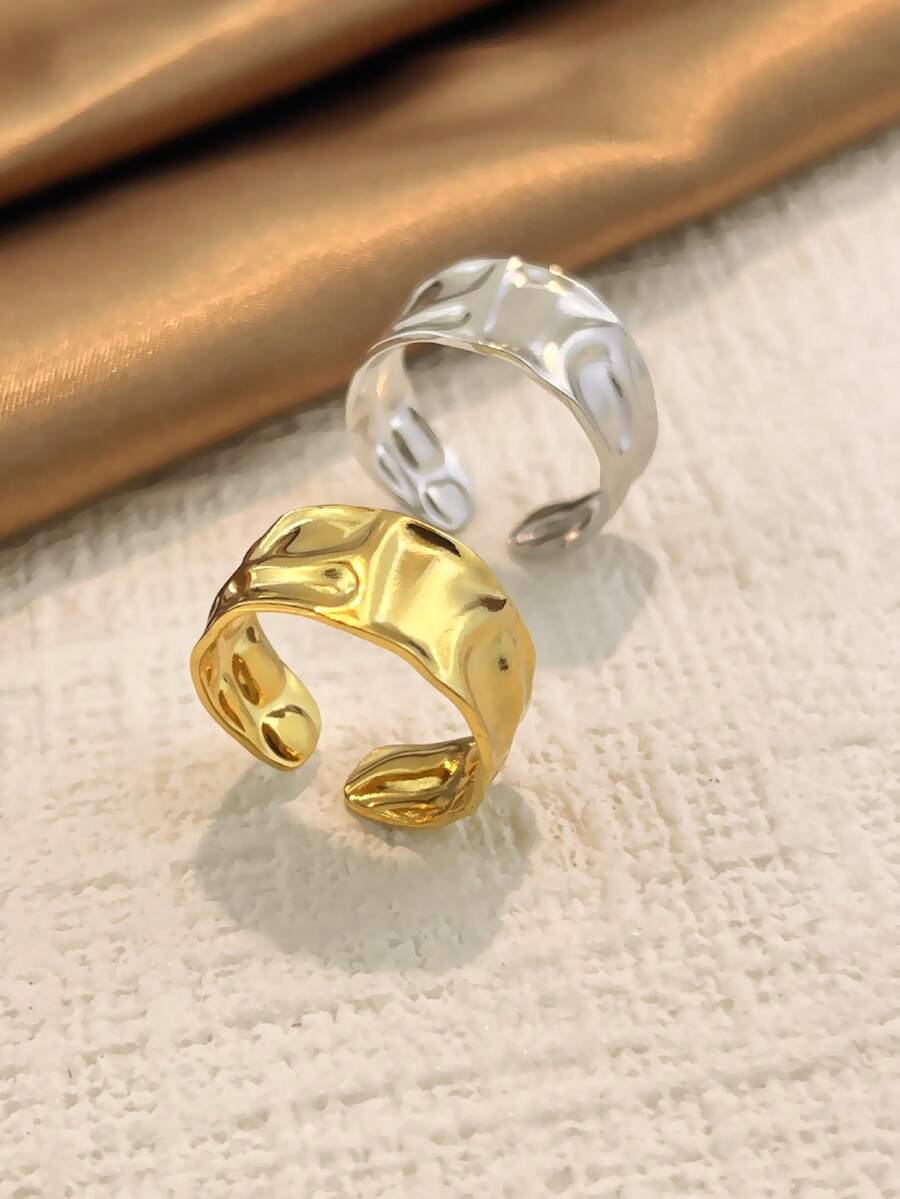 1pc Simple Wide Face Stainless Steel Ring For Women, Fashionable Personalized Versatile Open Ring Decoration - Yellow Gold - View 1