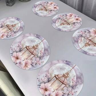Set Of 2/4/6 Simple And Elegant Ramadan Themed Placemats, Designed With Lantern Pattern Placemats -15.0-Inch Circular Table Mats With Floral Decorations, Suitable For Party Dining And Holiday Decoration. Suitable For Home Decoration, Holiday Table Decoration, Rural Holiday Decoration, Rural Style, Washable Mats, Durable Materials, Holiday Table Decoration, And Home Entertainment.