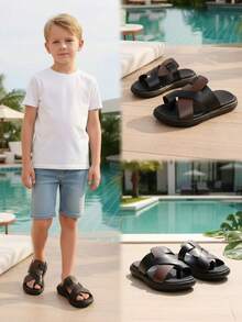 1双黑色和棕色加大码儿童交叉绑带坡跟凉鞋，PU材质，柔软防滑，圆头设计，轻便舒适，休闲百搭，适合5-15岁男孩女孩，居家、海滩、户外、夏季皆宜。 - 黑色 - 查看 5