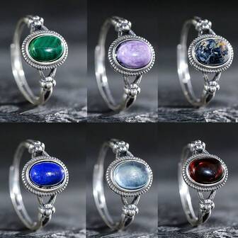 Anillo ajustable de plata de ley 925 de 8x6mm con turquesa/granate/aguamarina natural, joyería de fiesta, anillo vintage para mujer, regalo de cumpleaños