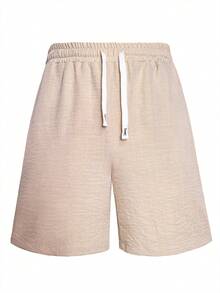 Men's Casual Drawstring Solid Color Shorts, Suitable For Summer Daily And Beach Vacation - Khaki - View 7