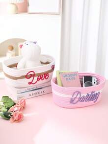 Customized Embroidered Foldable Handwoven Storage Basket, Personalized With Name/Logo, Suitable For Cosmetics, Toys, Pet Supplies, Remote Control, Bedroom, Living Room, Valentine's Day Gift, Cot Accessories High-Quality Custom, Personalized, Ideal Gifts For Her Daughter, School Students, Son For Graduation School, Home, Office, For Back To School,Elegant Living - Multicolor - View 12