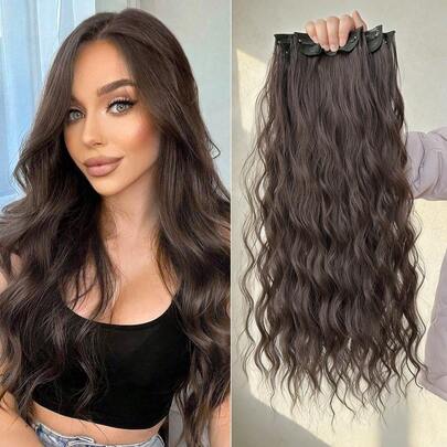 24-Inch 4pcs Black & Brown Clip-In Hair Extensions, Long Wavy Synthetic Hair Extensions, Suitable For Women And Girls Daily Use