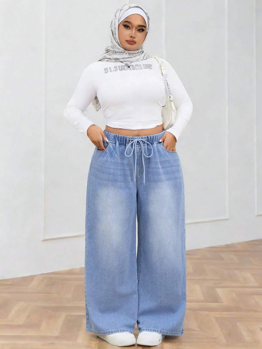 Plus Size High Waisted Drawstring Straight Leg Jeans Casual For Women Boyfriend Jeans Daily Long Pants Spring