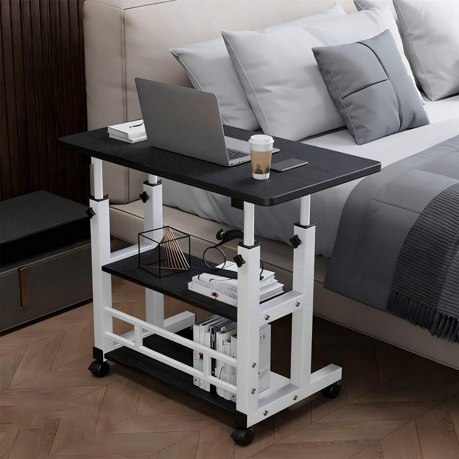 40x60cm Adjustable Height Mobile Desk With Wheels & 2 Shelves, Compact Rolling Workstation For Small Space & Home Office - Black - View 1