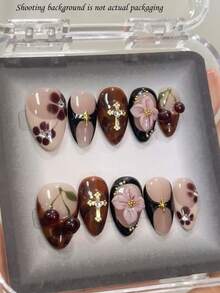 10片复古Y2K优雅手绘花卉玳瑁纹3D酒红色樱花花瓣金色十字架短杏仁美甲装饰指甲用品手工按压式指甲 - 彩色 - 查看 2