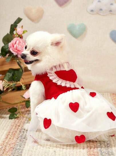 PETSIN Vestido De Mascota Rojo Con Diseño De Corazón De Malla, Bordado Con Ribete Blanco De Volantes Con Corazón Para El Día De San Valentín