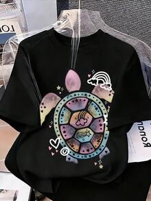 Camiseta de manga corta con estampado de tortuga informal para niñas preadolescentes, verano - Negro - Ver 3