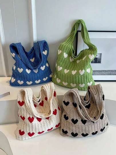 1个心形撞色针织手提包，大容量时尚沙滩包，通勤百搭
