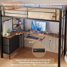 Cama Alta Individual Con Escritorio En Forma De L Y Luces Led, Estación De Carga, Estantes De Almacenamiento, Estructura De Metal Resistente Con Cajones, Protección De Escalera. - Marrón - Ver 4