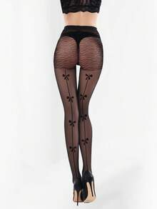 A Pair Of Women's Vertical Stripes On The Back + Bow Jacquard Stockings Are Fashionable And Sexy. High-Waisted And Leg-Fit Tights Are Available For Spring, Summer And Autumn. Thin Transparent Tights Are Suitable For Valentine's Day And Daily Life - Black - View 9