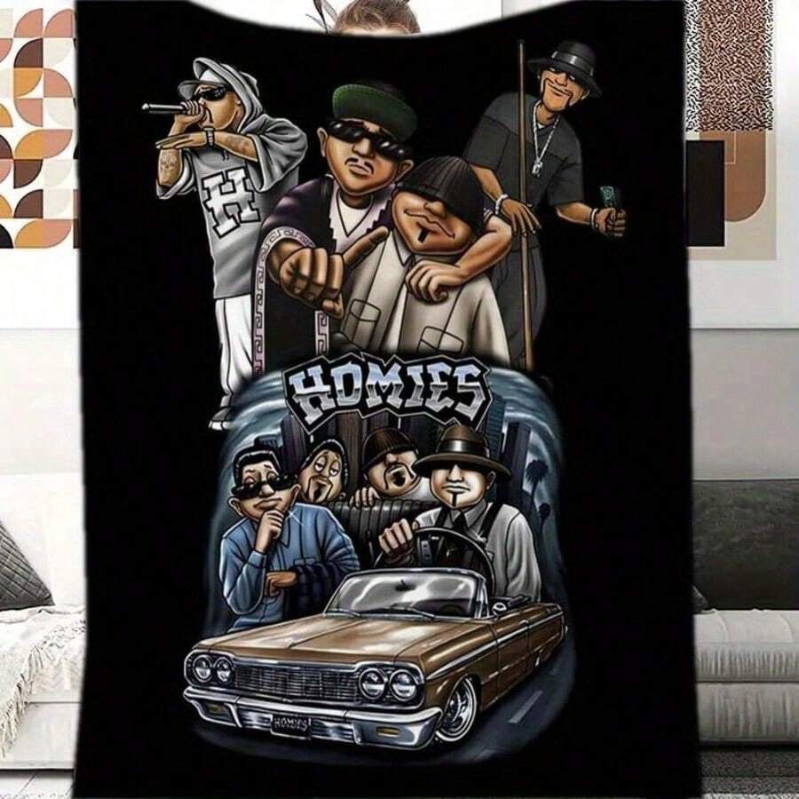 Retro HOMIES Patterned Blankets - Super Soft Flannel, Cartoon Characters Perfect For Home Offices Or Car Trips - Ideal Birthday Or Holiday Gifts, Comfortable Naps All Year Round - 彩色 - 查看 1