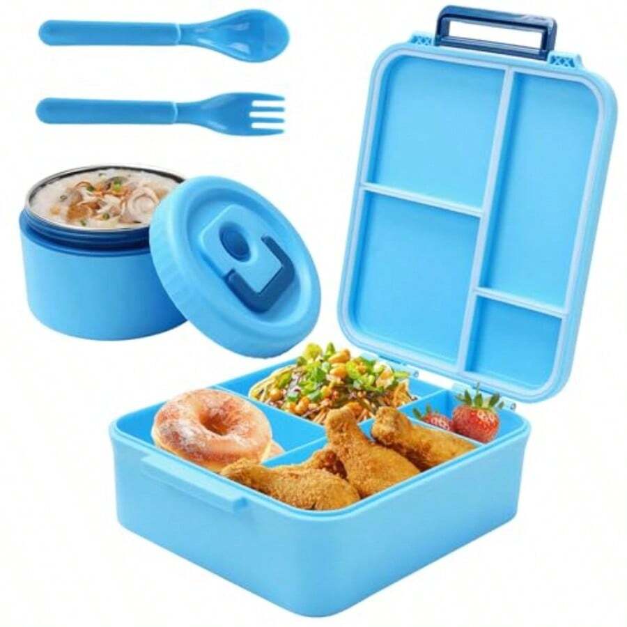 Lonchera Niño Bento Lunch Box con 4 Compartimentos y Cubiertos 1700ml Loncheras para Niño con Termo Fiambrera para Niños Adultos - Azul - Ver 1