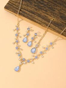 欧美时尚花卉水滴吊坠锁骨链/发链/水钻耳环套装，甜美优雅新娘配饰项链耳环发链首饰套装